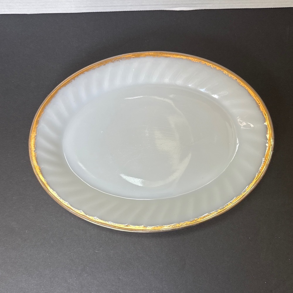 Vintage Fire-King Milk Glass Swirl Oval Platter Gold Gilt Trim 12 Inch White